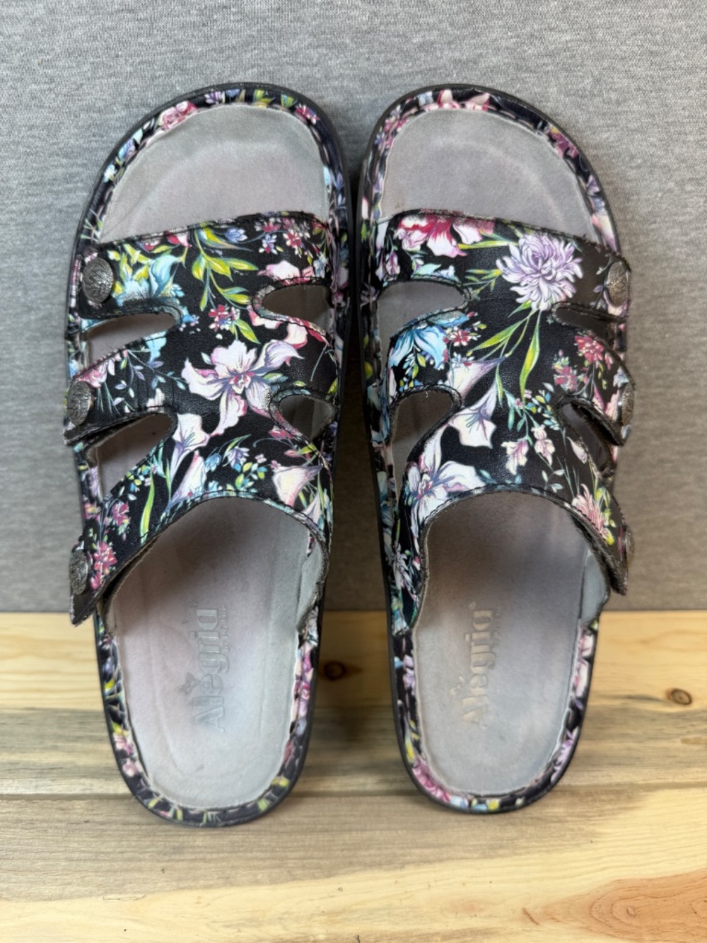 Alegria Leather Floral Sandals Black Butterfly Velcro Closure Size 11 EU 42 - Picture 13 of 16